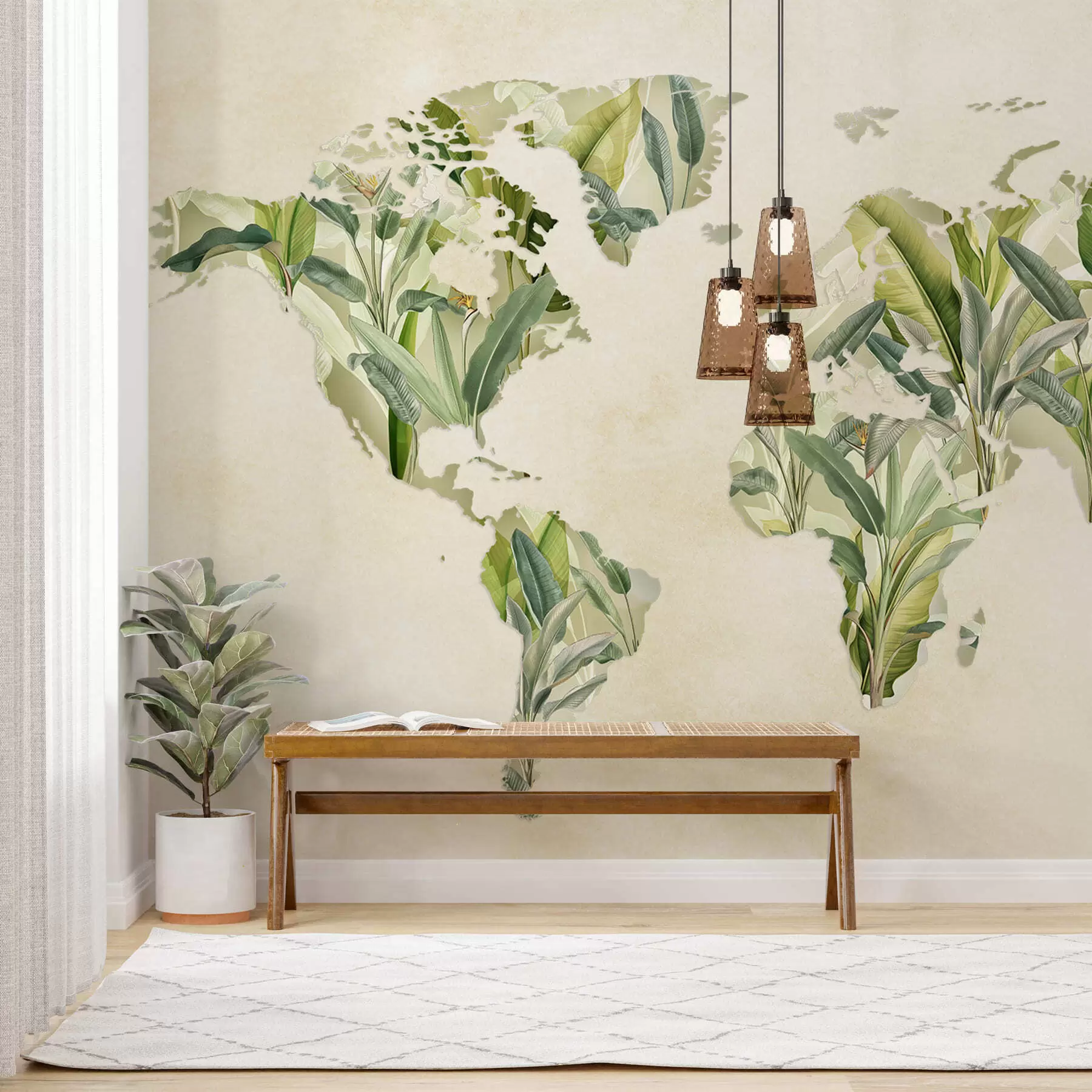 murales de pared Un mapa verde del mundo hecho con hojas de plátano c00007