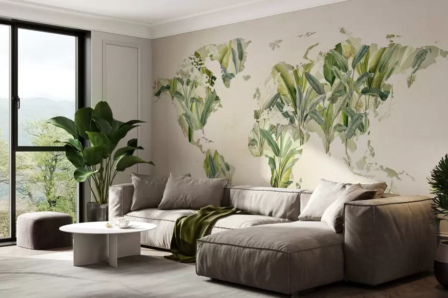 murales de pared Un mapa verde del mundo hecho con hojas de plátano c00007