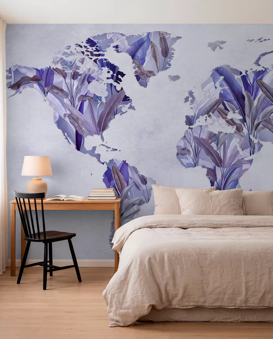 murales de pared Un mapamundi morado hecho con hojas de plátano c00007v1