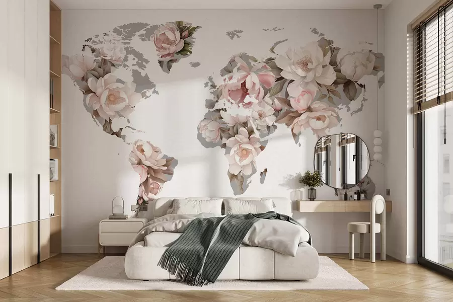 murales de pared Un delicado y cremoso mapamundi hecho con flores c00008