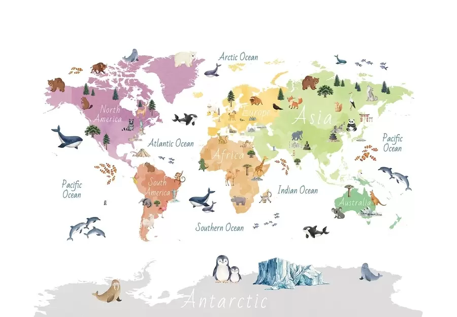 murales de pared Un mapa a color con estilo de acuarela en el que aparecen animales, plantas y elementos arquitectónicos. Etiquetas en inglés c00009en