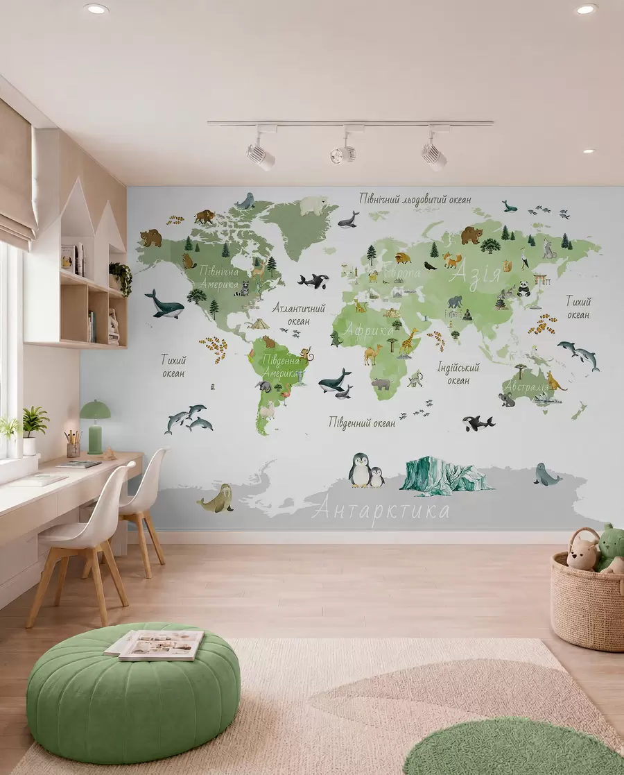 murales de pared Un mapa de Green en estilo acuarela con animales, plantas y arquitectura. Etiquetas en ucraniano c00009ukv2