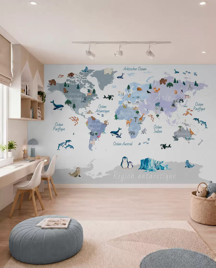 murales de pared Un mapa azul de estilo acuarela en el que aparecen animales, plantas y elementos arquitectónicos. Rótulos en francés c00009frv1