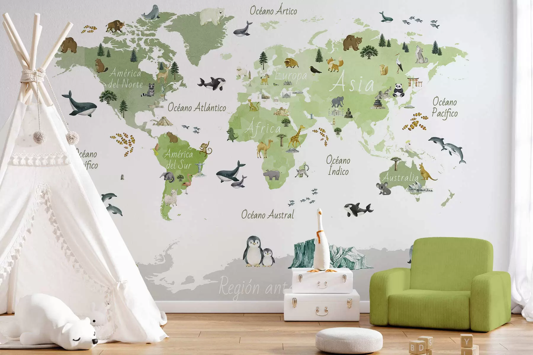 murales de pared Un mapa de Green en estilo acuarela con animales, plantas y arquitectura. Etiquetas en español c00009esv2