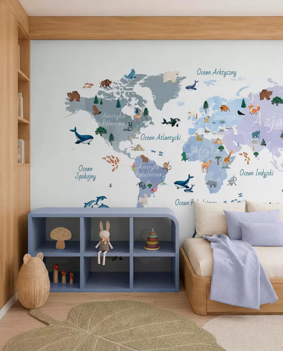 murales de pared Un mapa azul de estilo acuarela en el que aparecen animales, plantas y elementos arquitectónicos. Rótulos en polaco c00009plv1