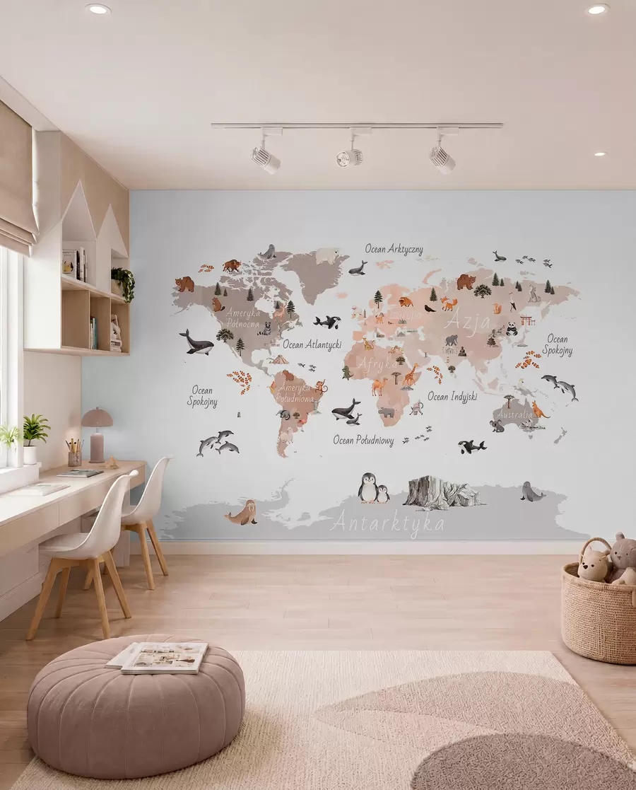 murales de pared Un mapa en tonos beige, con un estilo de acuarela, en el que aparecen animales, plantas y elementos arquitectónicos. Rótulos en polaco. c00009plv3