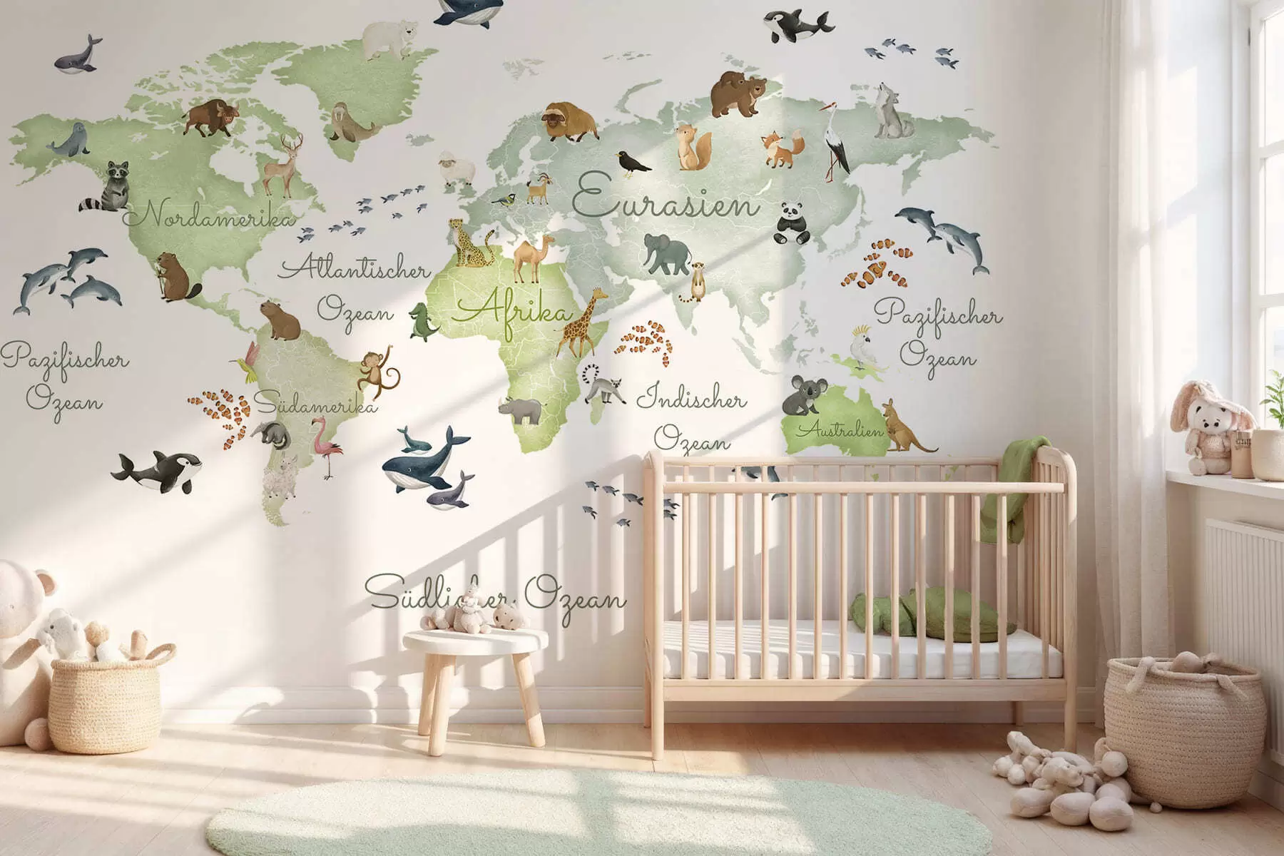 murales de pared Un mapa verde con estilo de acuarela en el que aparecen animales. Etiquetas en alemán c00012dev2