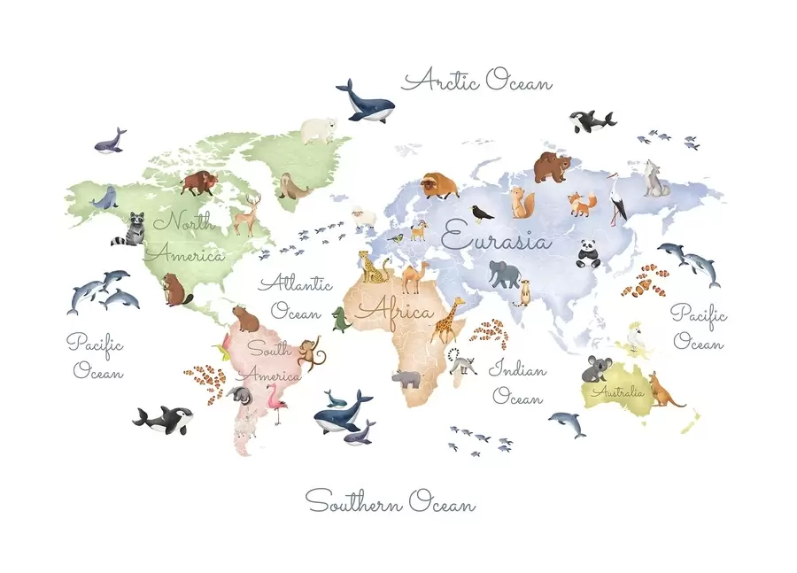 murales de pared Un mapa a color con estilo de acuarela en el que aparecen animales. Etiquetas en inglés c00012en