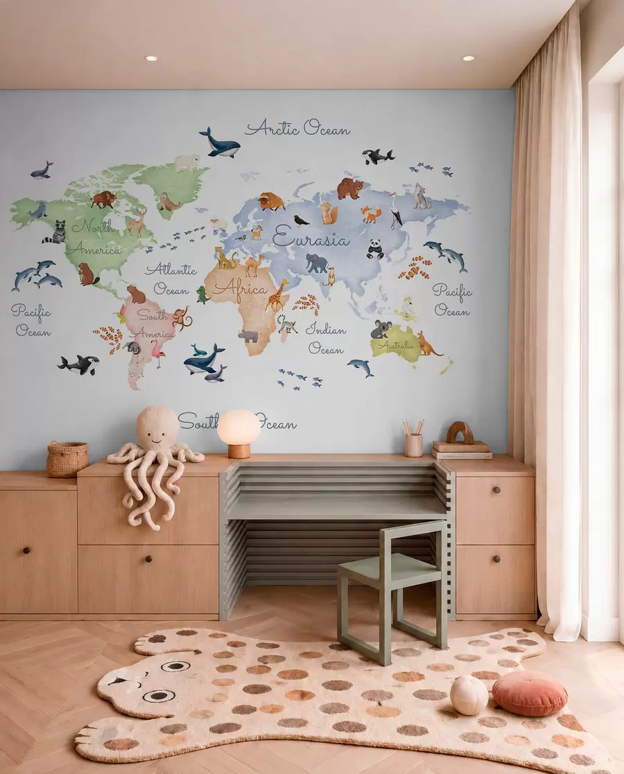 murales de pared Un mapa a color con estilo de acuarela en el que aparecen animales. Etiquetas en inglés c00012en