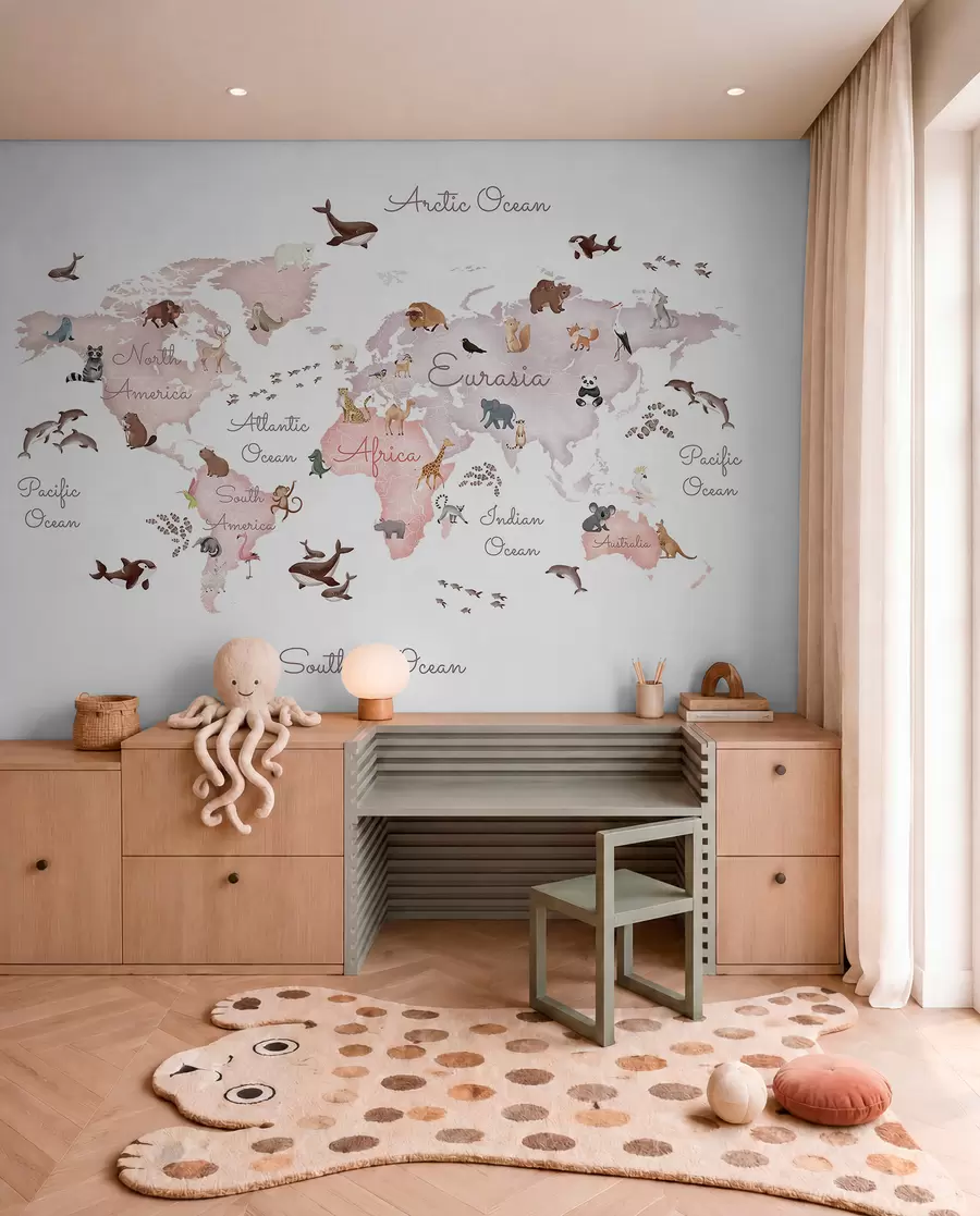 murales de pared Mapa fauna beige en inglés c00012env3