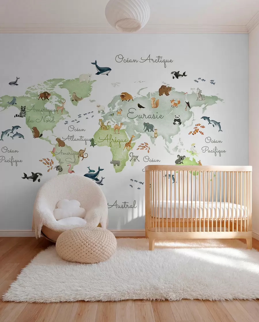 murales de pared Un mapa verde de estilo acuarela con animales. Etiquetas en francés c00012frv2