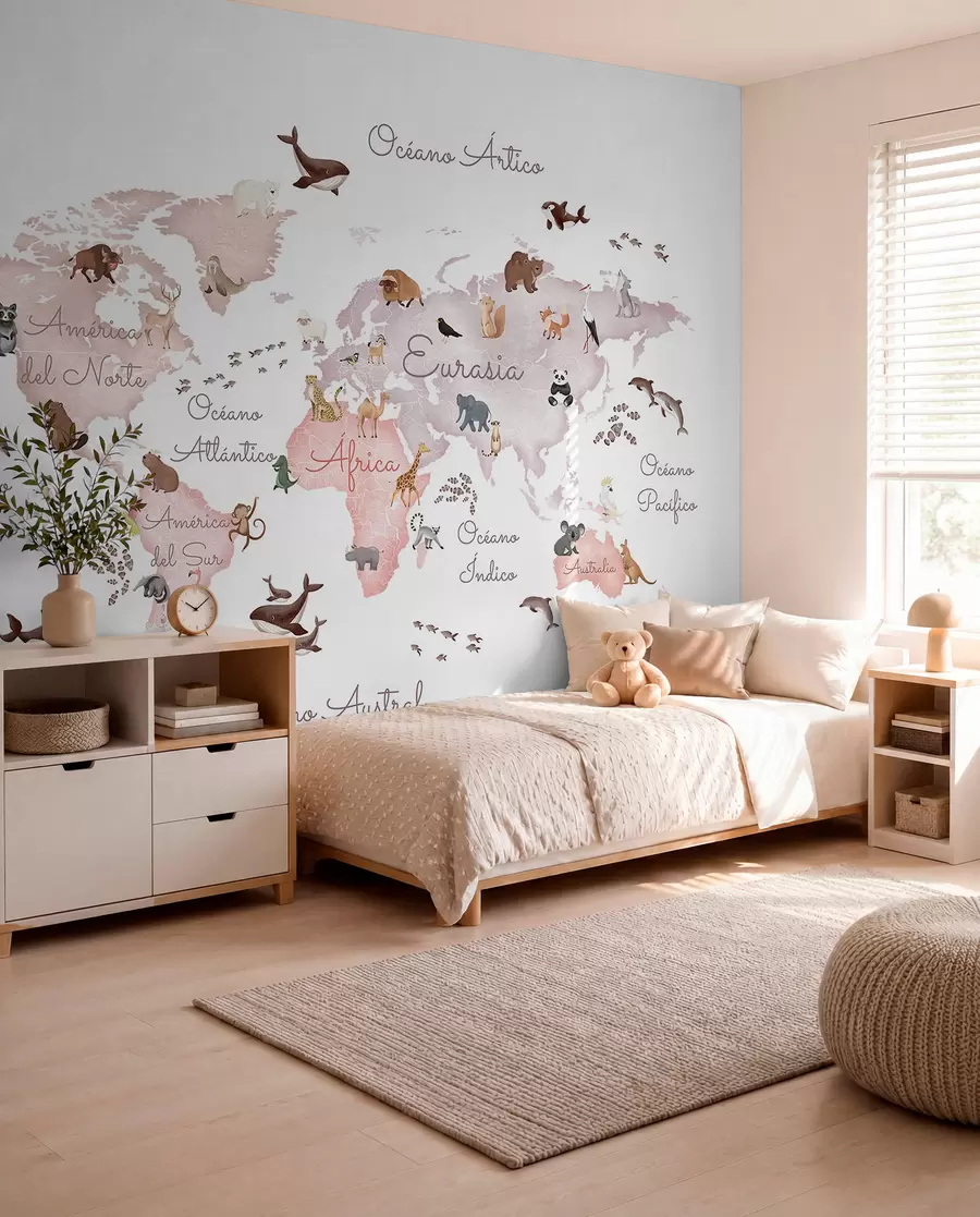 murales de pared Un mapa en tonos beige, con un estilo de acuarela, en el que aparecen animales. Rótulos en español c00012esv3