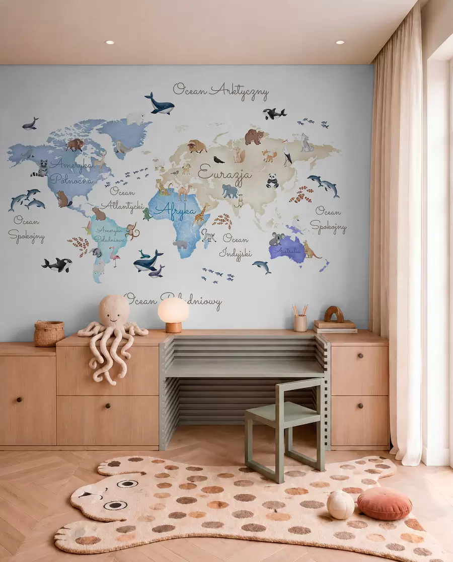 murales de pared Un mapa azul con estilo de acuarela en el que aparecen animales. Etiquetas en polaco c00012plv1