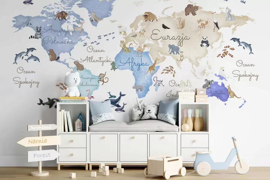 murales de pared Un mapa azul con estilo de acuarela en el que aparecen animales. Etiquetas en polaco c00012plv1