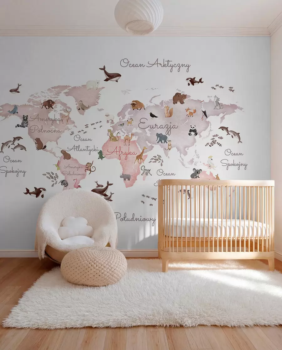 murales de pared Un mapa en tonos beige, con un estilo de acuarela, en el que aparecen animales. Rótulos en polaco c00012plv3