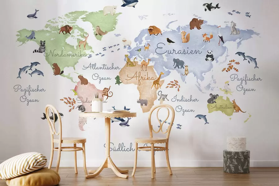 murales de pared Un mapa de White en estilo acuarela con animales. Etiquetas en alemán c00012de