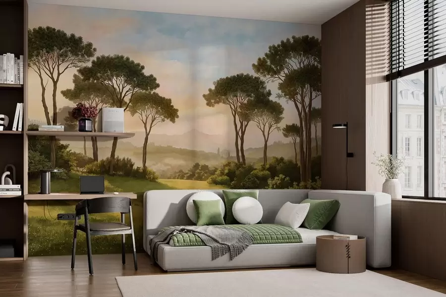 murales de pared Paisaje con árboles bajo la cálida luz del atardecer w05122