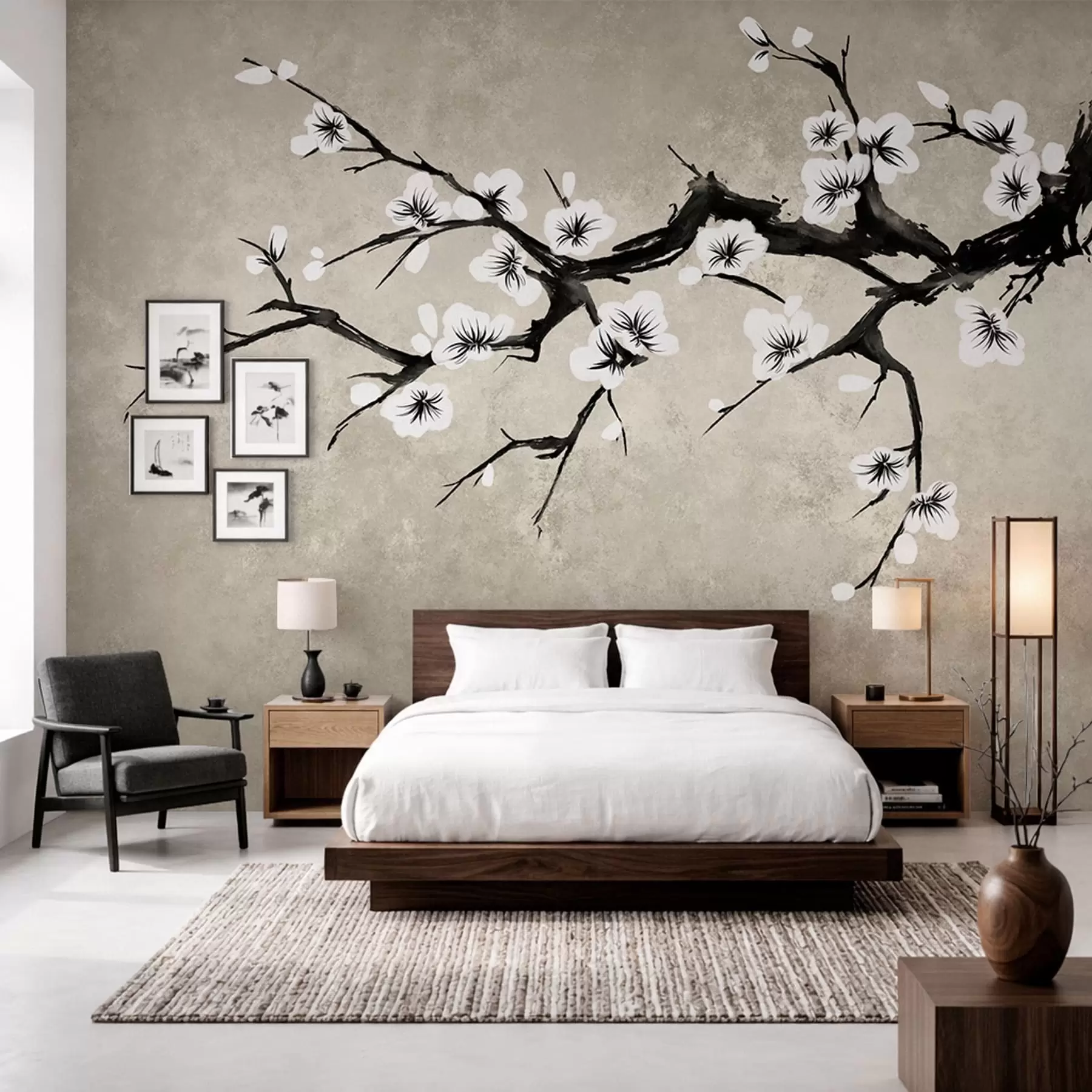 murales de pared Rama con flores blancas en estilo minimalista w05425