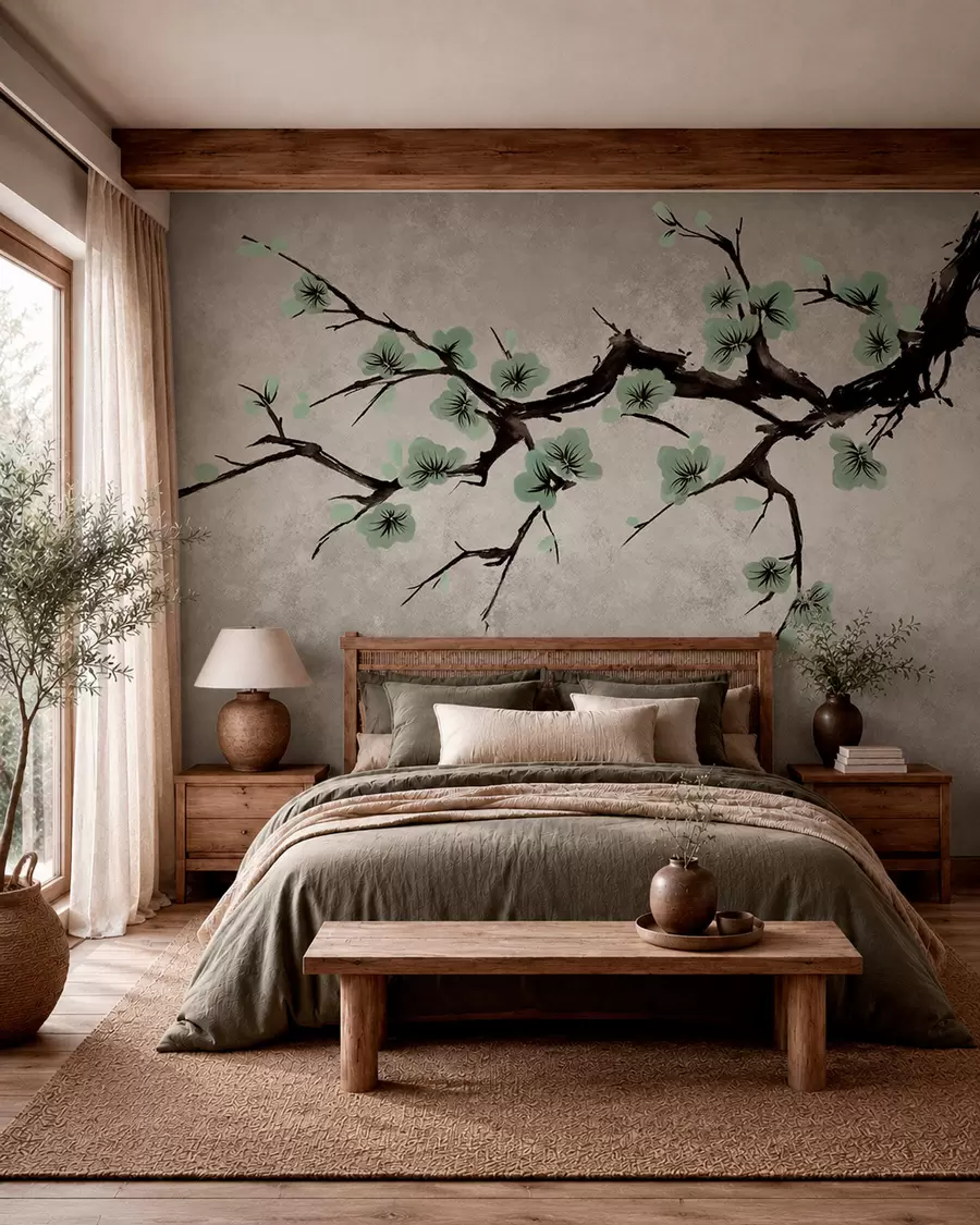 murales de pared Rama con flores verdes en tonos suaves w05425v2