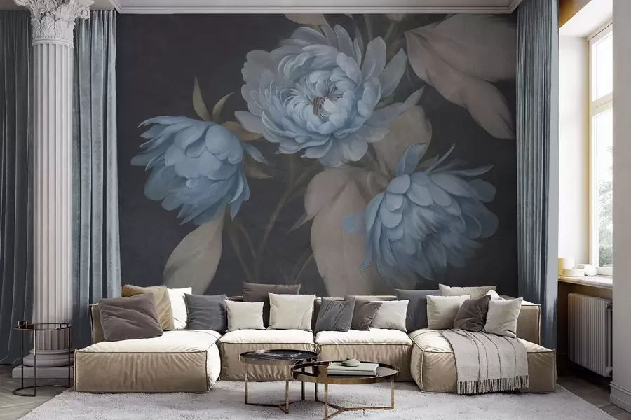 murales de pared Flores de peonía azul claro con textura y hojas de color beige sobre un fondo oscuro w09751