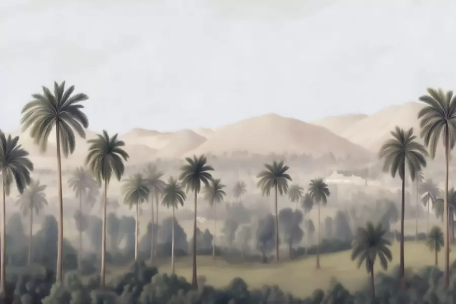 murales de pared Paisaje tropical con palmeras y montañas, panorámica de estilo vintage en tonos beige y verdes w09798