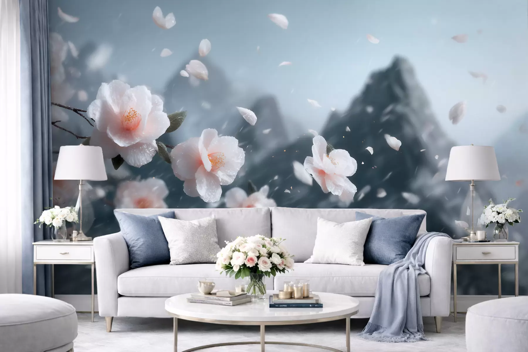 murales de pared Delicadas flores de cerezo con las montañas de fondo; evocador paisaje japonés en tonos pastel w09808