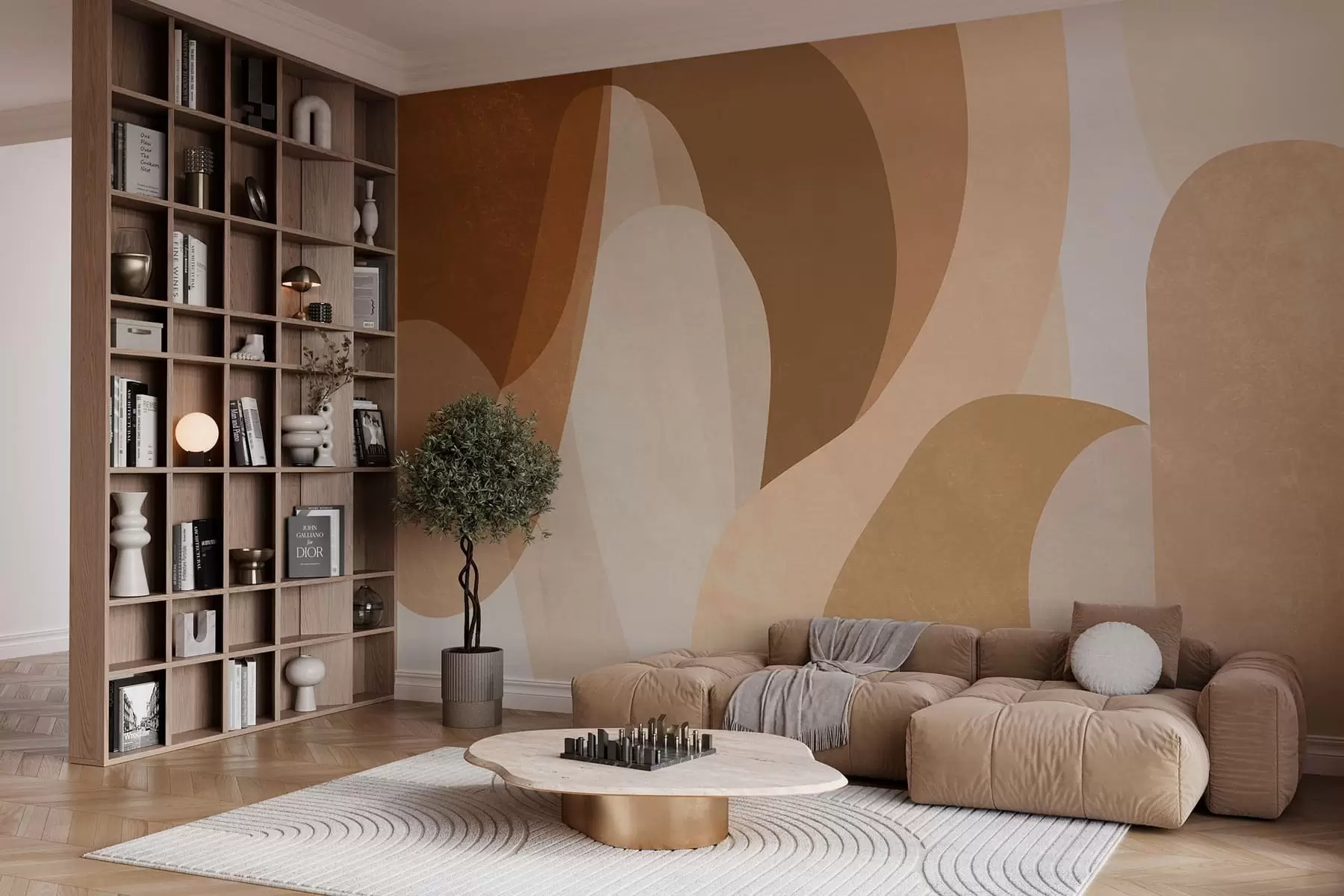 murales de pared curvas abstractas en tonos marrones, beige y rojizos w05387