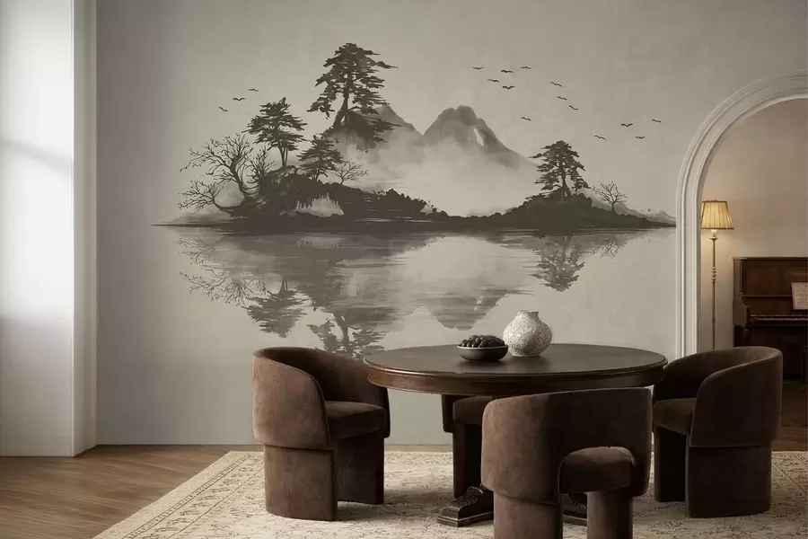 murales de pared Paisaje montañoso en estilo sumi-e en suaves tonos grises w05124v1