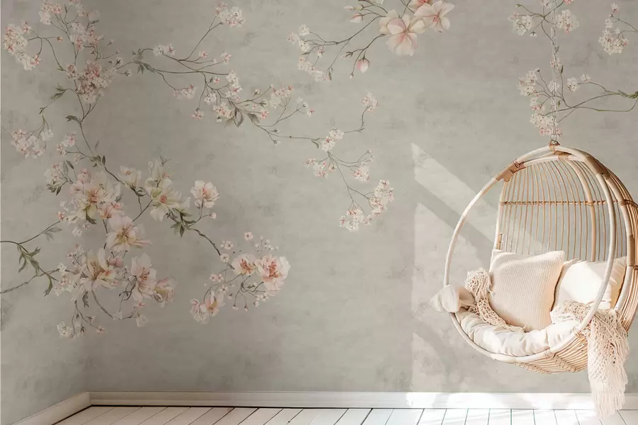 murales de pared Ramas florales de estilo chinoiserie sobre fondo gris w05427v1
