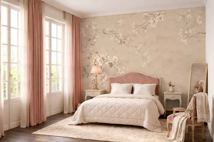 murales de pared Ramas florales de estilo chinoiserie sobre un fondo beige cálido w05427v2