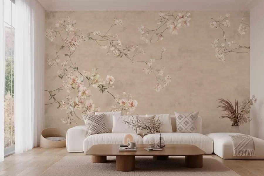 murales de pared Ramas florales de estilo chinoiserie sobre un fondo beige cálido w05427v2