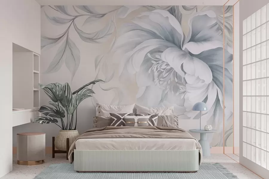 murales de pared Peonía grande y con relieve, de pétalos delicados y hojas grises, pintada con un estilo suave w09647