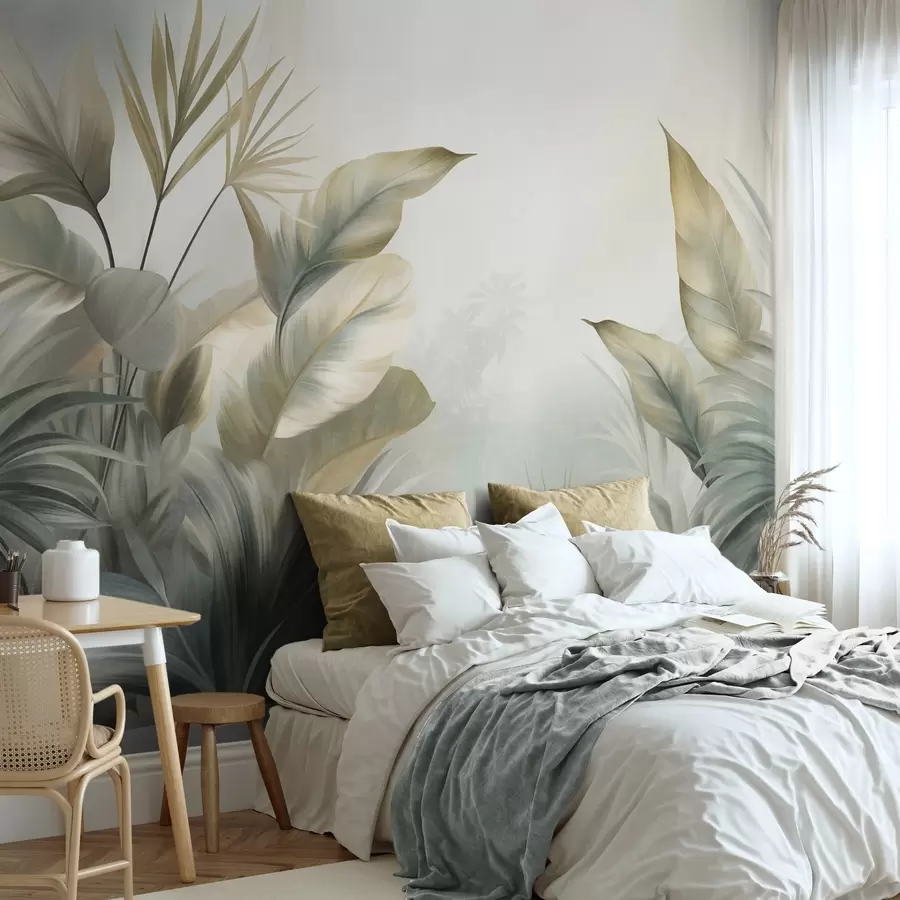 murales de pared Hojas tropicales grandes y con textura en tonos apagados de verde y beige, un ambiente selvático w09820