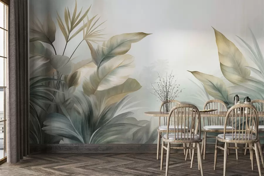 murales de pared Hojas tropicales grandes y con textura en tonos apagados de verde y beige, un ambiente selvático w09820
