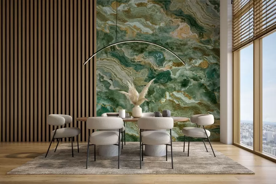 murales de pared Textura de ónix verde con vetas fluidas en capas w05429