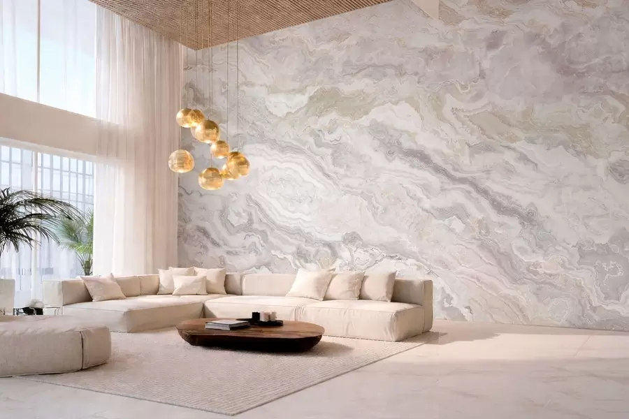 murales de pared Ónix claro con capas fluidas en tonos beige y gris w05430