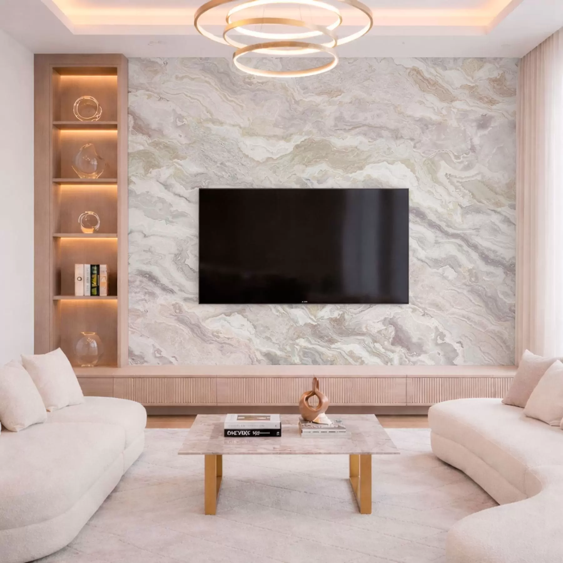 murales de pared Ónix claro con capas fluidas en tonos beige y gris w05430