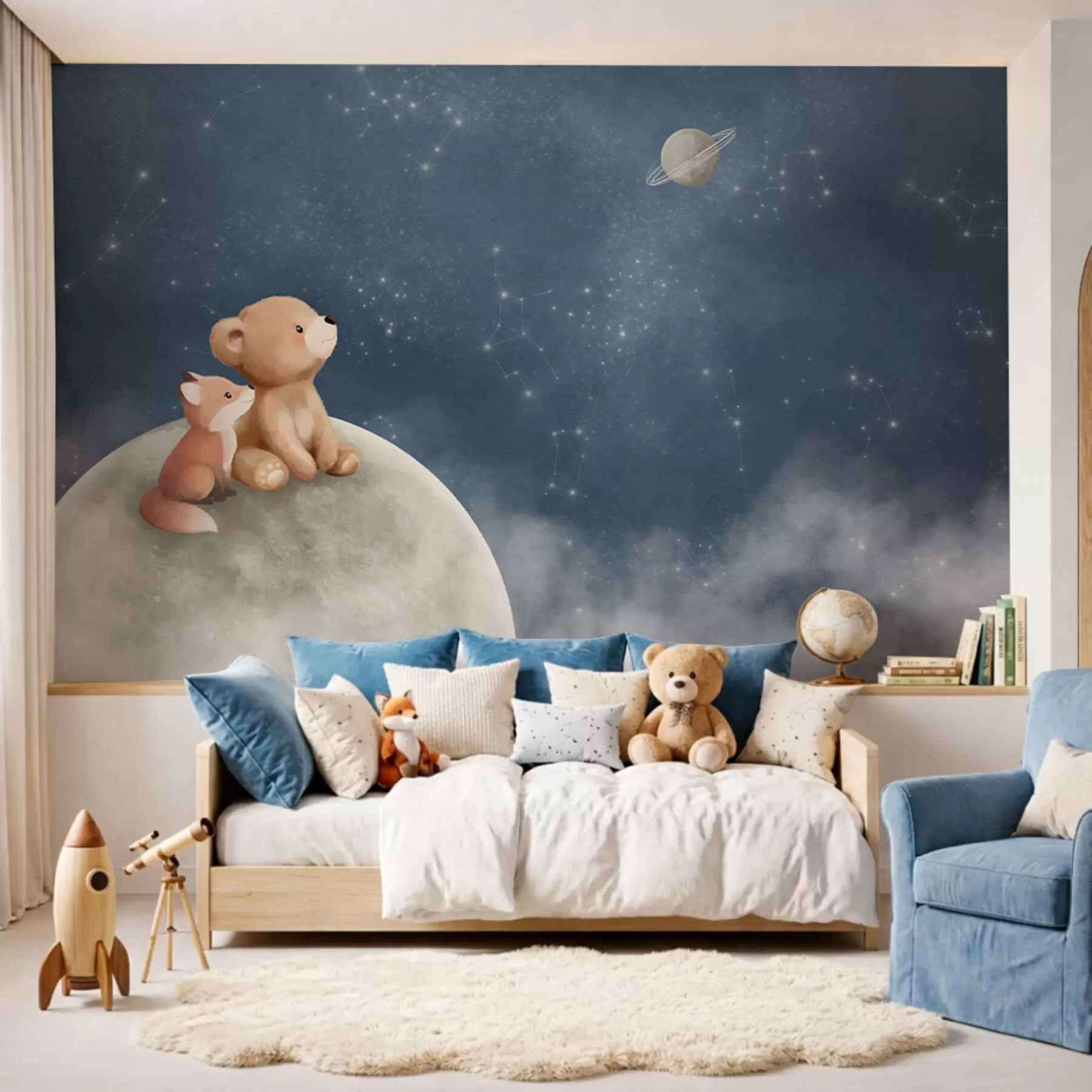 murales de pared Ilustración en tonos pastel de un oso y un zorro bajo el cielo nocturno w05431