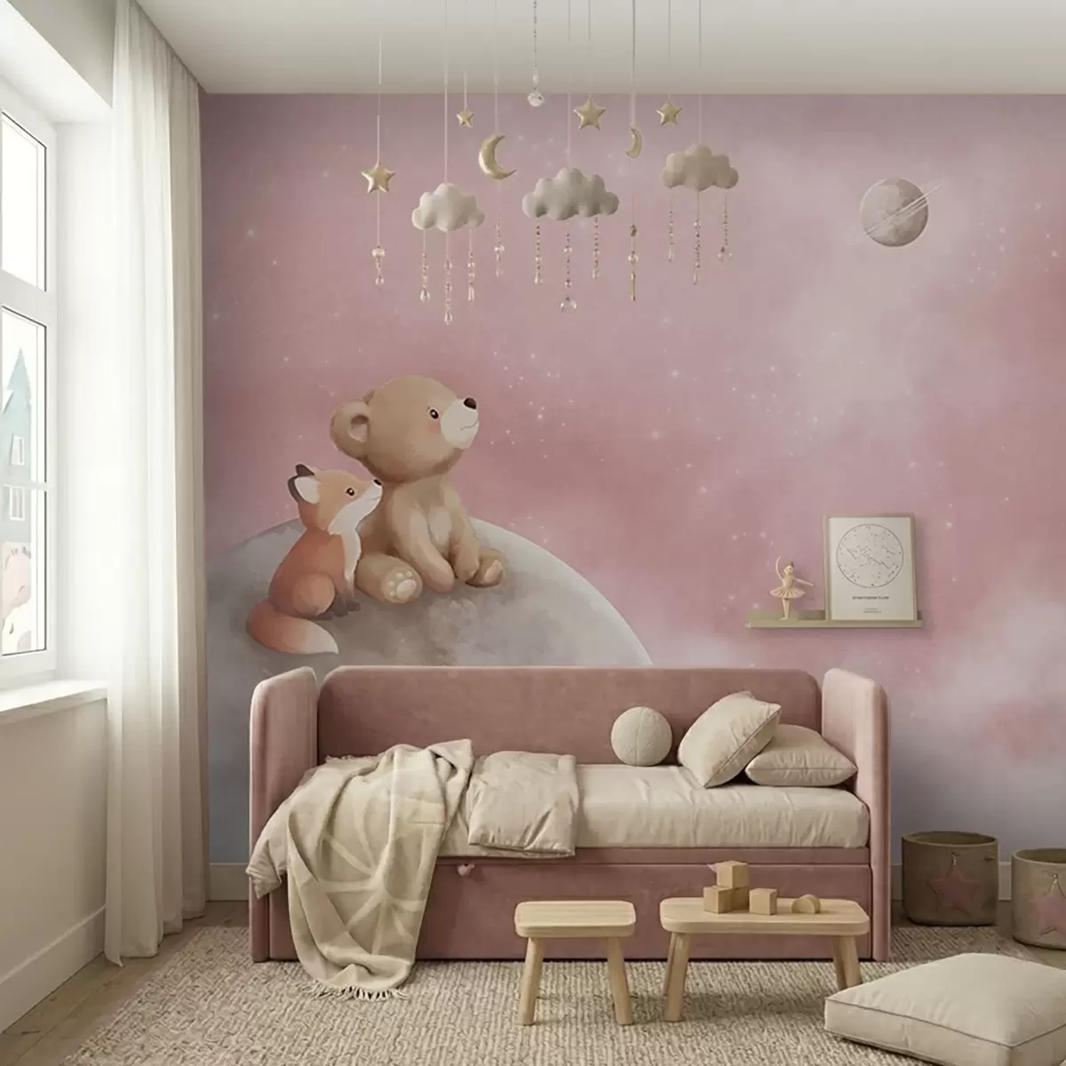 murales de pared Amigos lunares en cielo rosa w05431v2