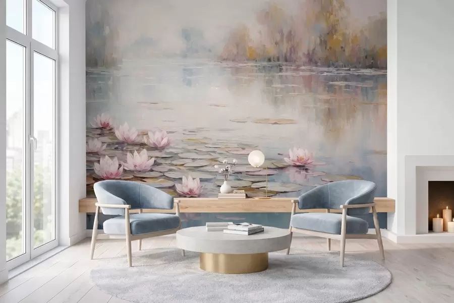 murales de pared Lago impresionista con nenúfares y luz tenue w05515