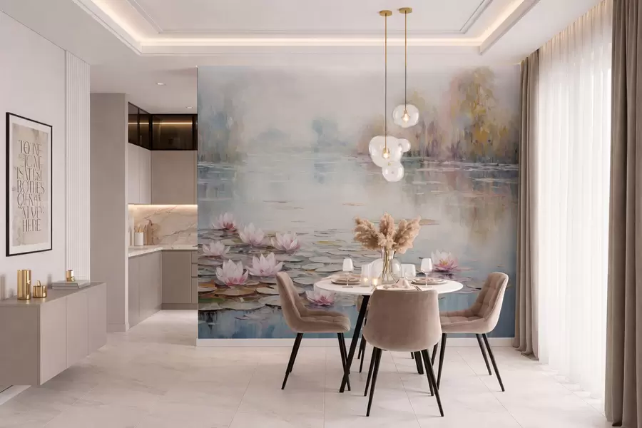 murales de pared Lago impresionista con nenúfares y luz tenue w05515