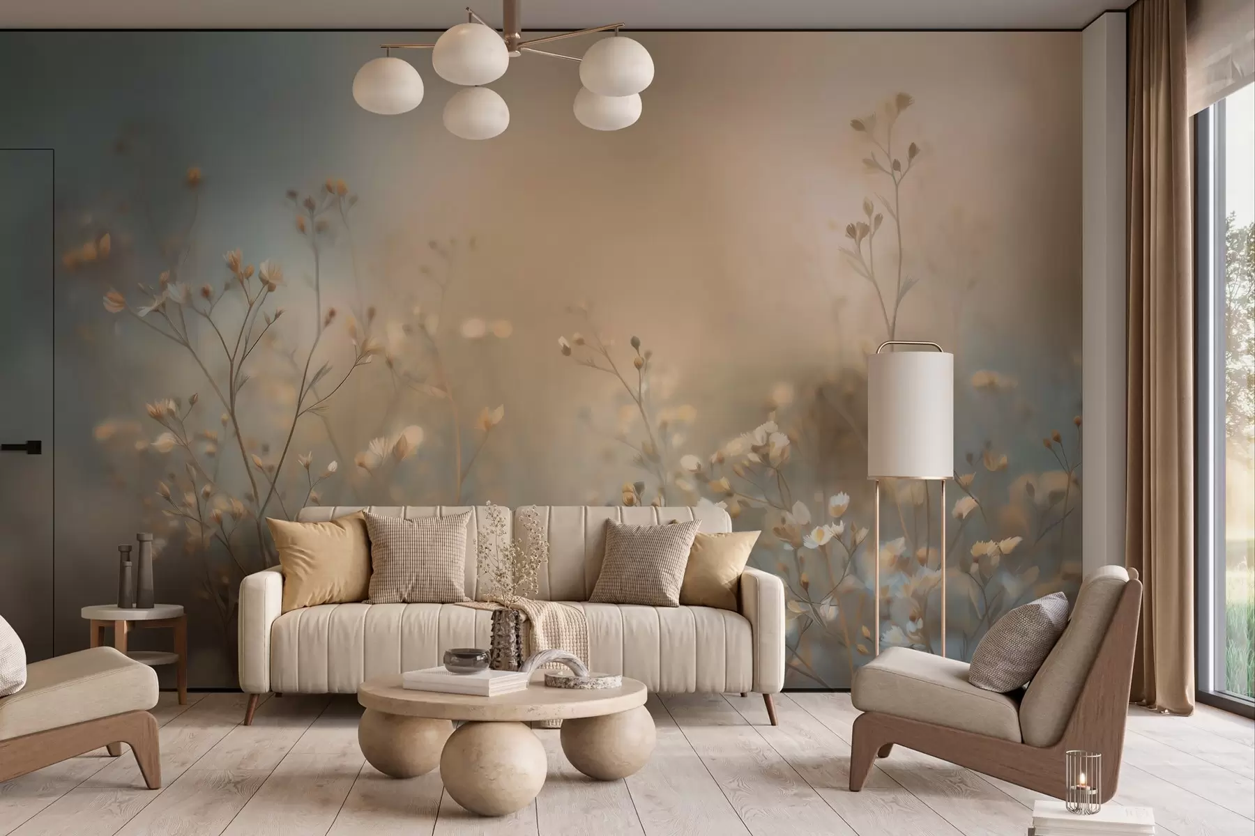 murales de pared hierbas de campo con flores pequeñas, con una profundidad de campo reducida w05386