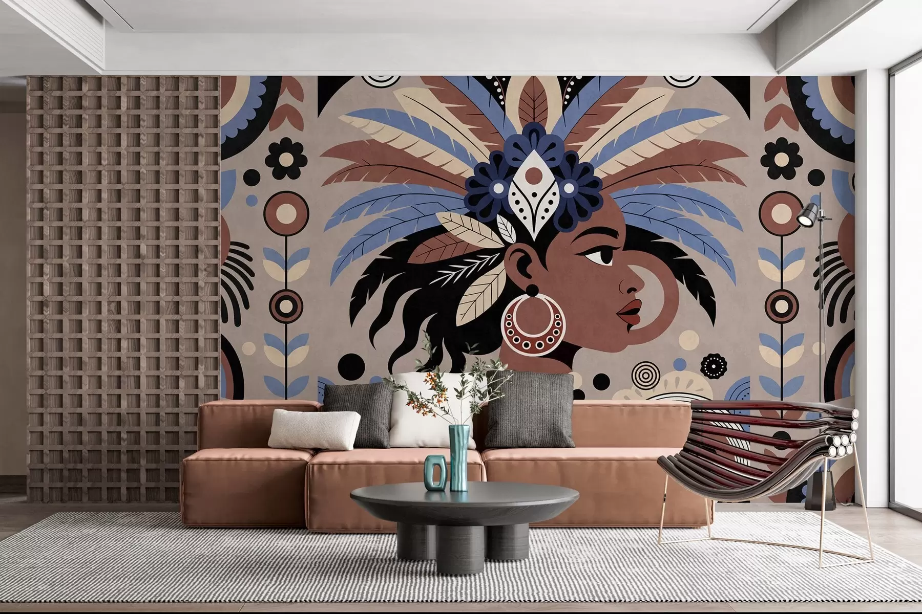 murales de pared un elegante diseño de inspiración africana en tonos azules y marrón chocolate w05389
