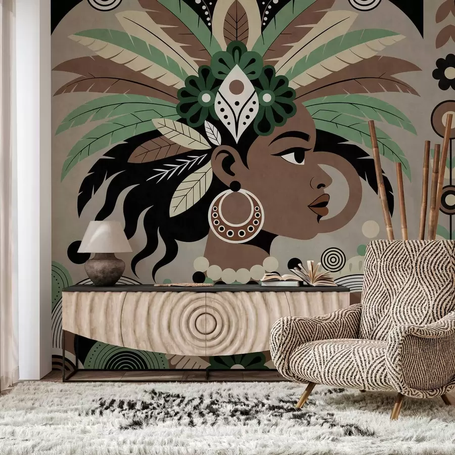 murales de pared un elegante diseño de inspiración africana en tonos verdes, marrones y beige w05389v1