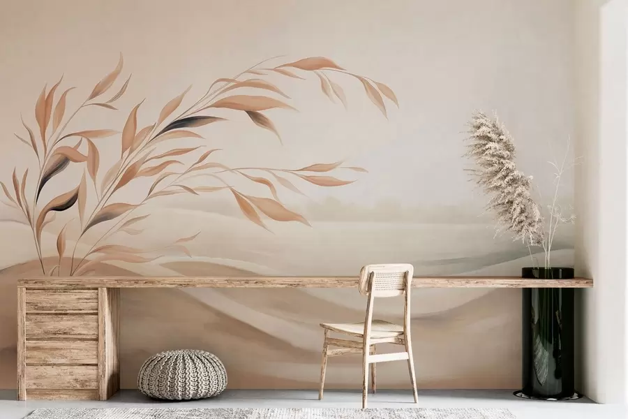 murales de pared Un paisaje apacible con una rama sobre las colinas, en tonos beige claro w05297