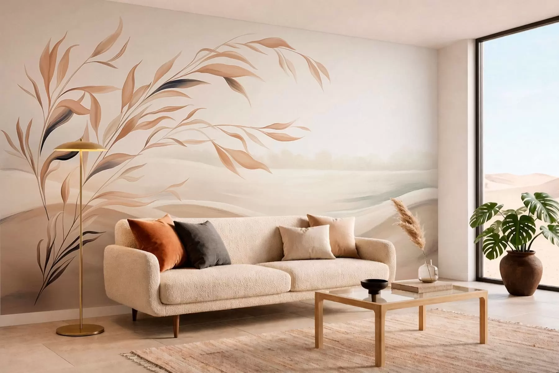 murales de pared Un paisaje apacible con una rama sobre las colinas, en tonos beige claro w05297