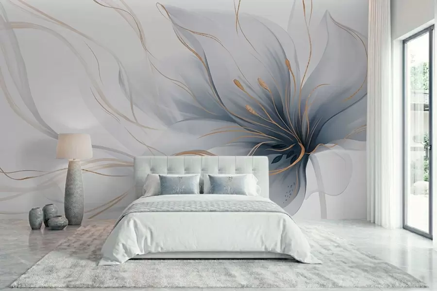 murales de pared Una flor azul abstracta con líneas fluidas al estilo del arte fluido w05428