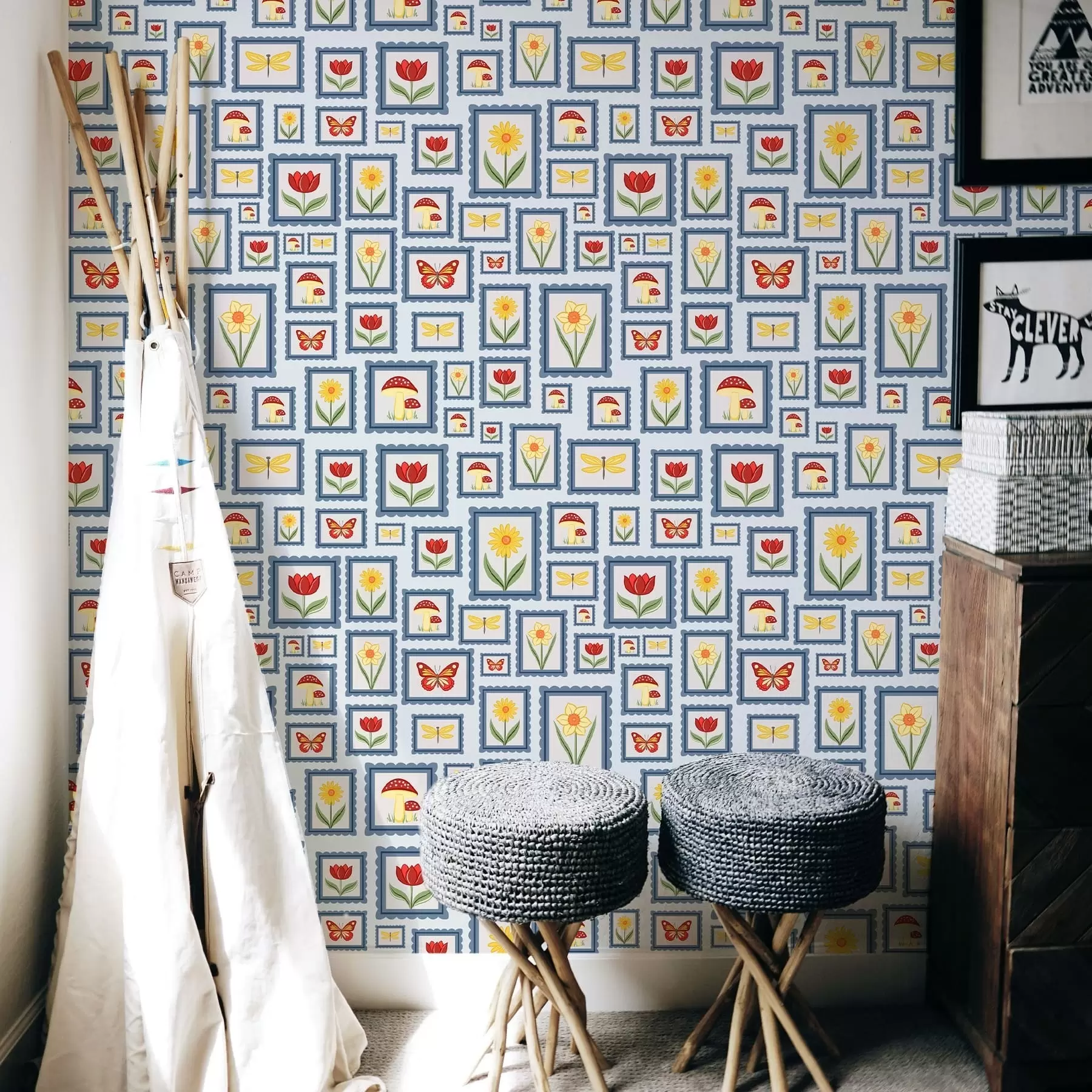 murales de pared Ilustraciones enmarcadas sobre fondo azul a01176