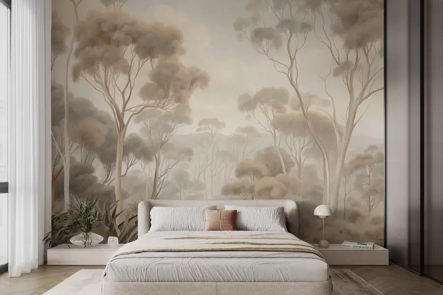 murales de pared Un paisaje boscoso envuelto en niebla con altos eucaliptos, colinas onduladas bajo un cielo nublado; obra de arte con textura w09822