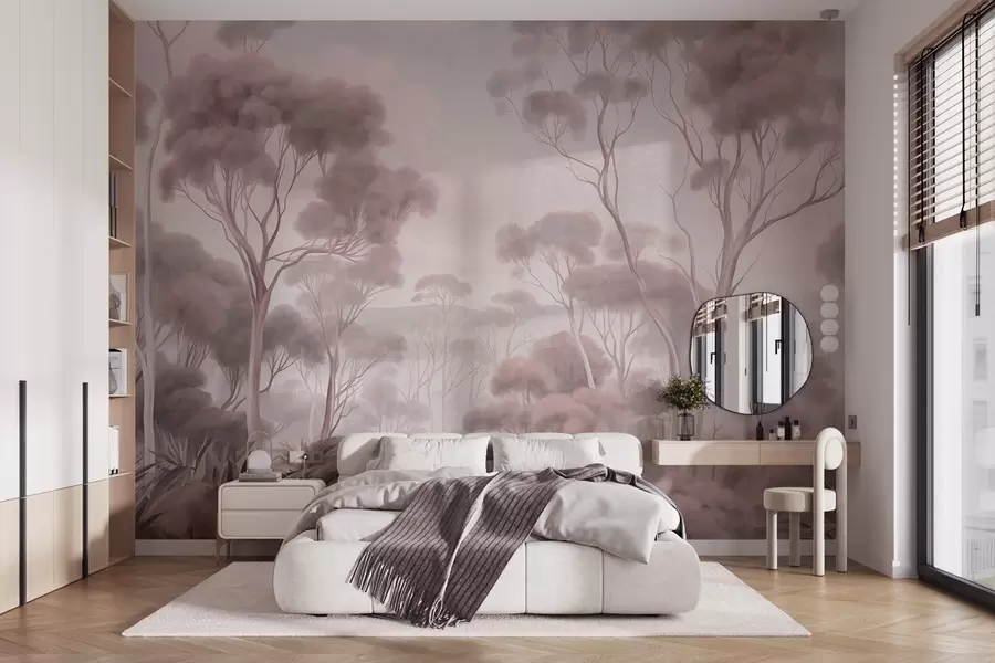 murales de pared Un paisaje boscoso envuelto en niebla con altos eucaliptos, colinas onduladas bajo un cielo nublado; obra de arte con textura w09822v1